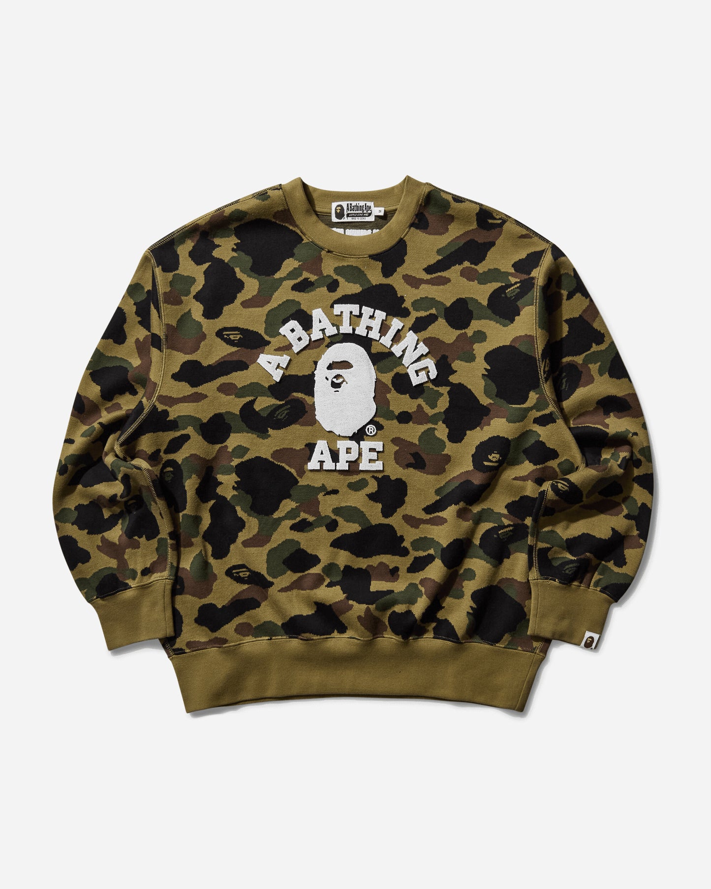 A Bathing Ape 1St Camo Jacquard College Relax Fit Crewneck Sweatshirt M Green Sweatshirts Crewneck 1L30113307 GREEN